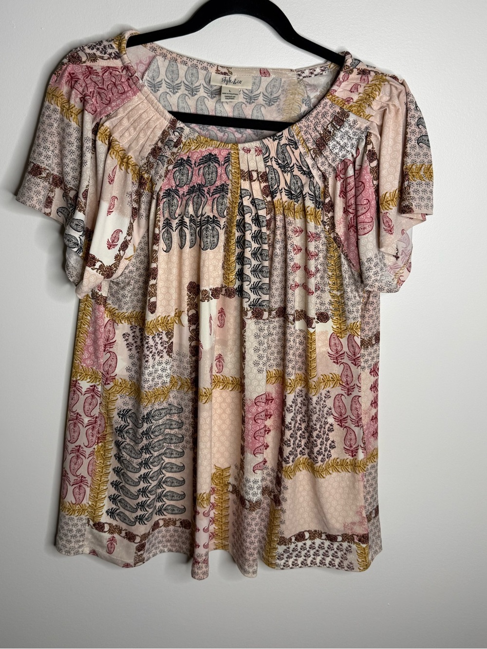 Style & Co. Pink and Cream Patchwork Short Sleeve Blouse size large